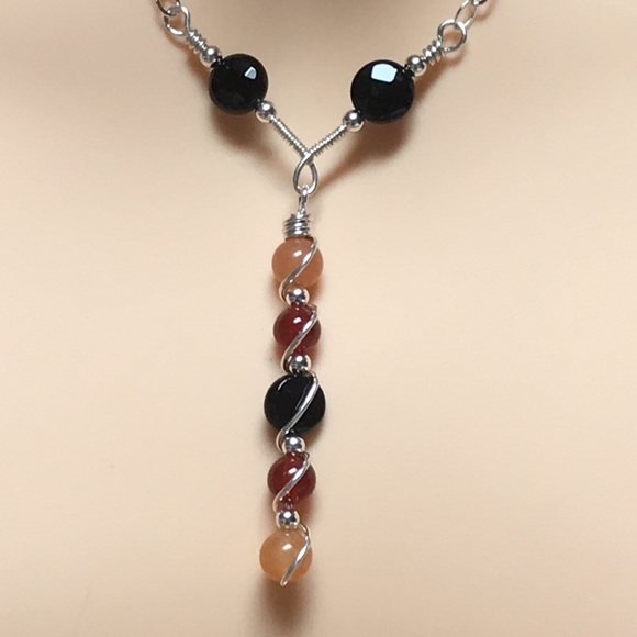 Solar Eclipse- Onyx, Red Agate,Orange Aventurine Sterling Silver Necklace - Picture 2 of 10